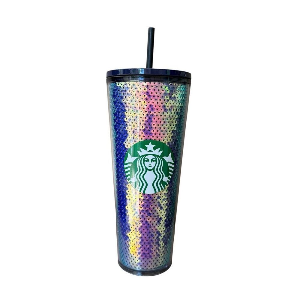 Starbucks Siren Logo Tumbler 24oz purple, iridescent sequin design with straw